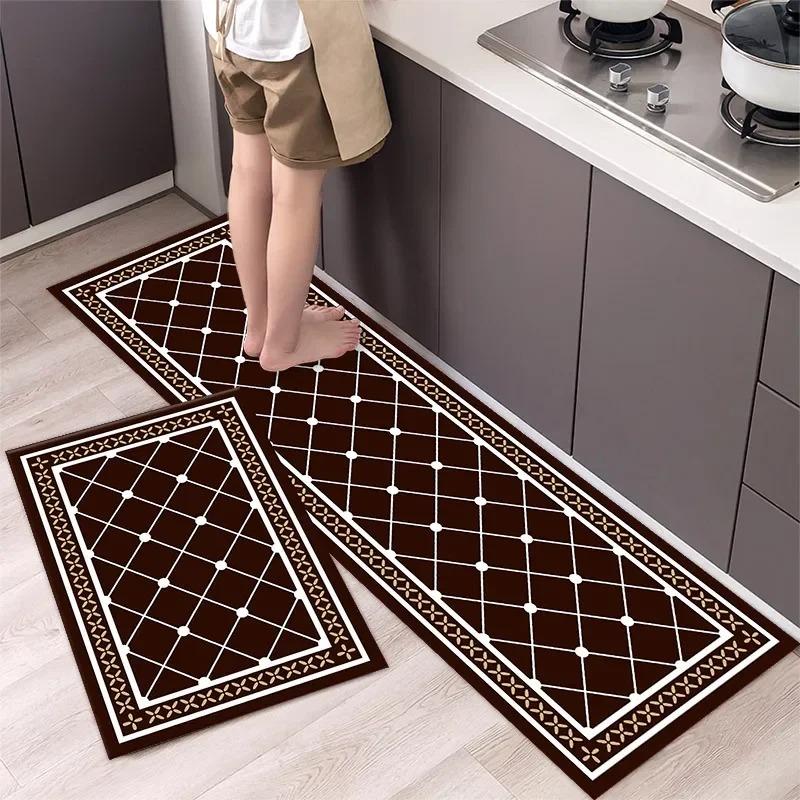 Kitchen Floor Mat PVC Leather Waterproof Non-slip Oil-proof Long Carpet Strip Plaid Stripe Home Decoration Foot Mats