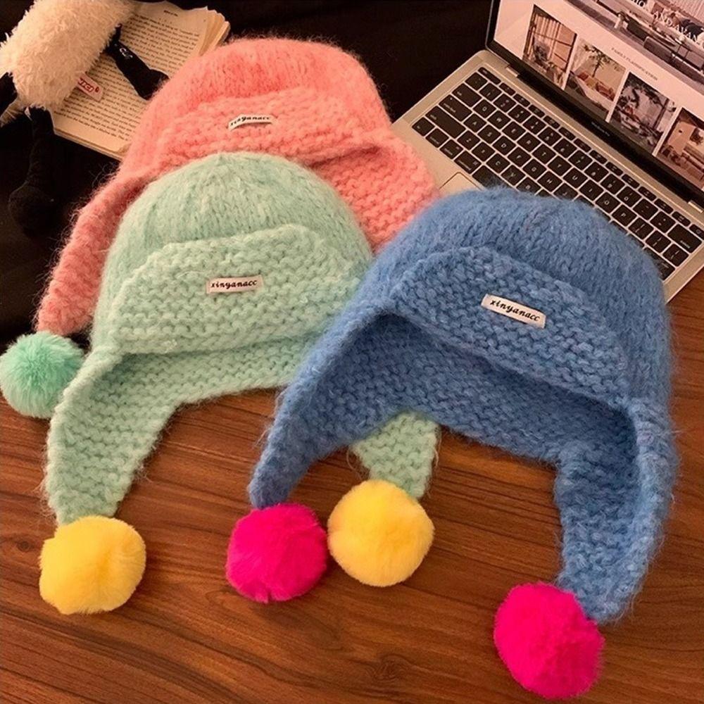 Fluffy Pom-pom Women Knitted Cap Autumu Winter Ear Protection Caps Cute Warm Beanie Hats  Girls