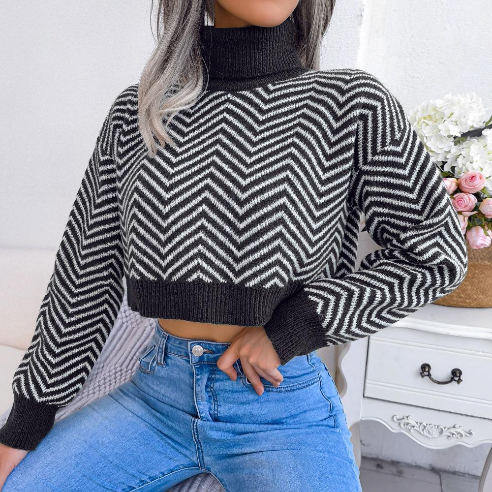 Autumn and Winter Fashion High Collar Long Sleeve Striped Midriff-baring Sweater