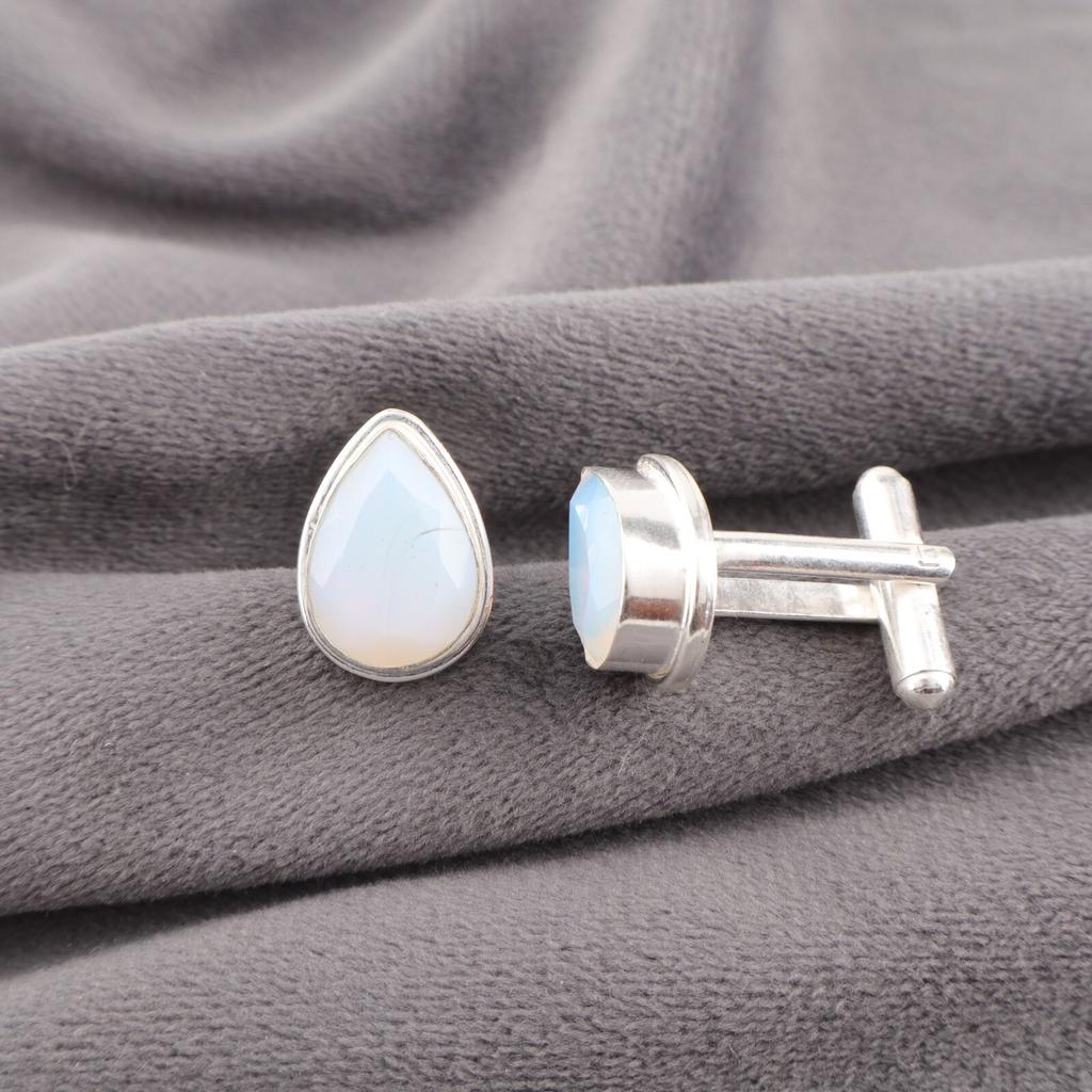 Milky Opal Gemstone 925 Sterling Silver Handmade Cufflinks 0.66" Gift For Him CL-6-18