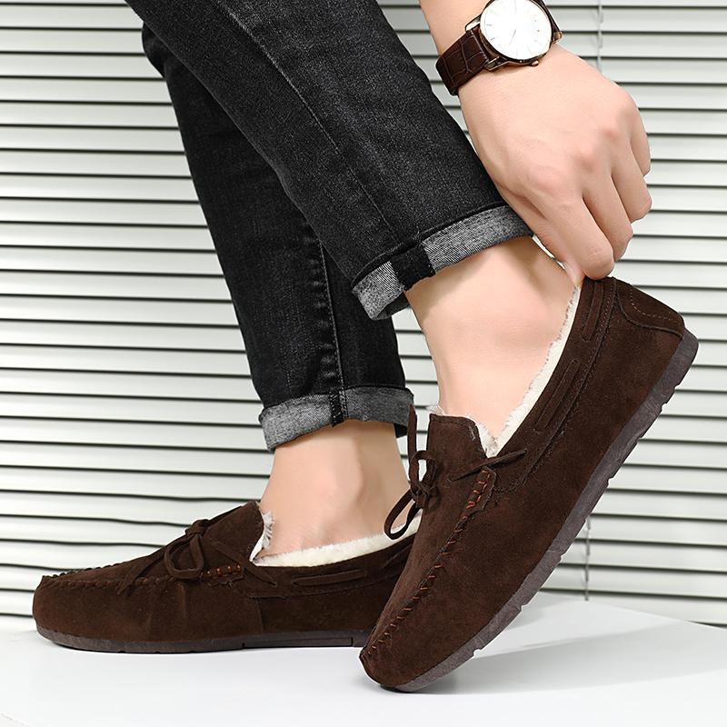 Fashion Winter Suede Driving Flats Loafers Doudou Shoes Men Plus Warm Bow Korean Version of Casual Shallow Mouth Flat Lazy Cotton Shoes