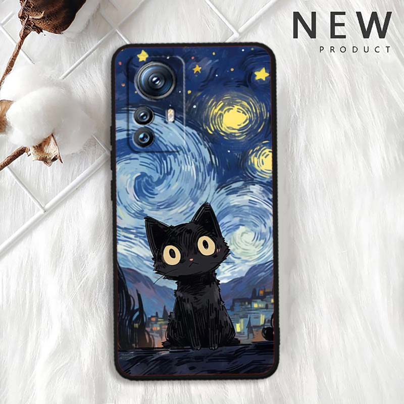 Cute cartoon cat illustration For Xiaomi Mi 15 14 13 13T 12 12T 12S 11 11i 11T Pro Ultra Lite 5G Black Soft Phone Case