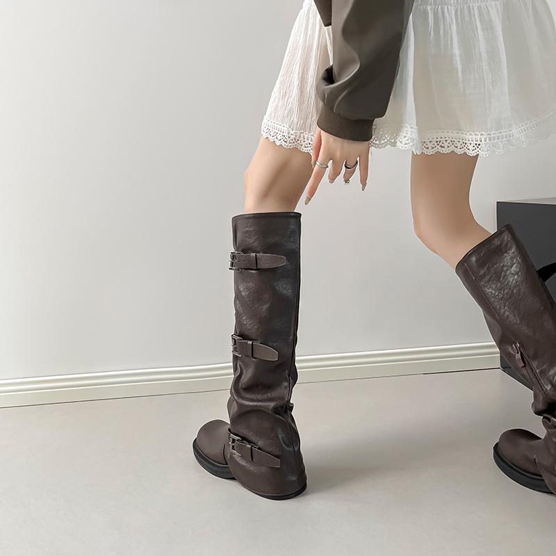 Inner heightening boots Female grape mother Same thick-soled belt buckle Long tube Spice girl trouser boots Western knight boots Autumn models