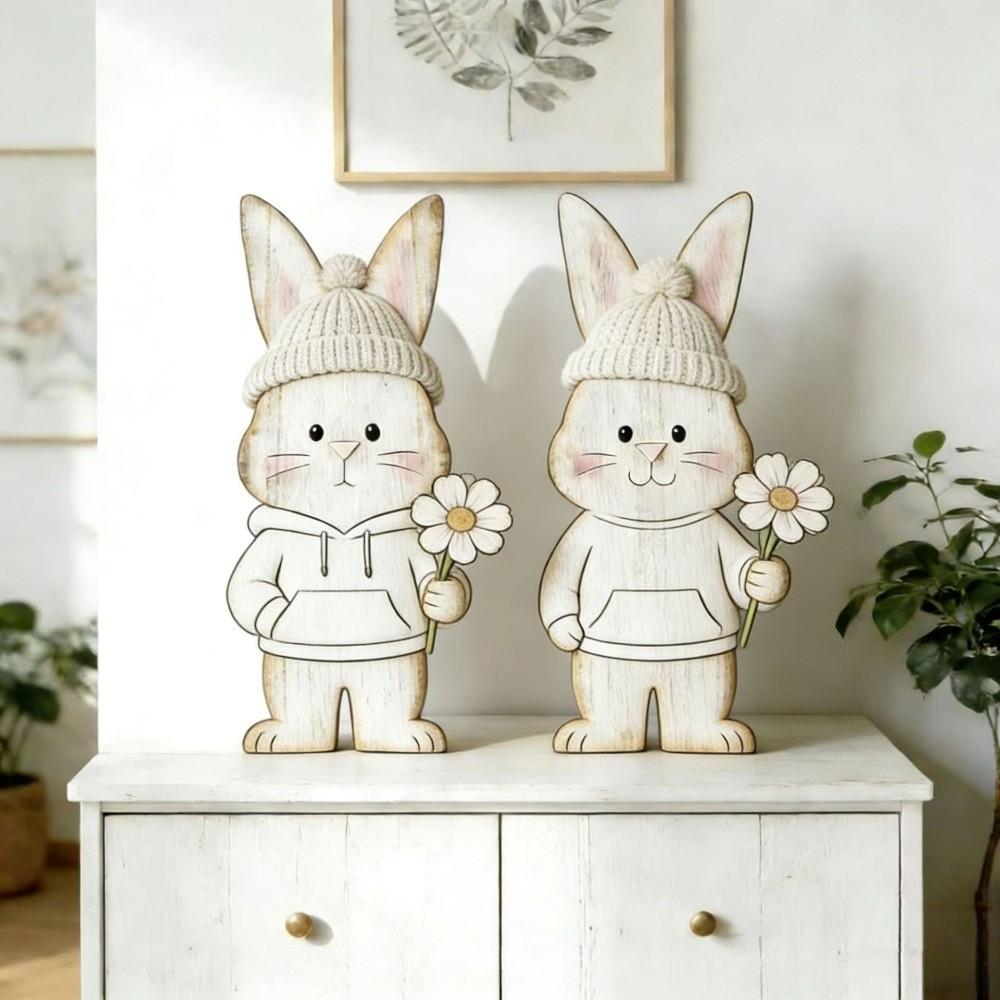 2Pcs Wooden Spring Desktop Sign Handcraft Easter Table Decor Cute Easter Bunny Easter Decorations style 3
