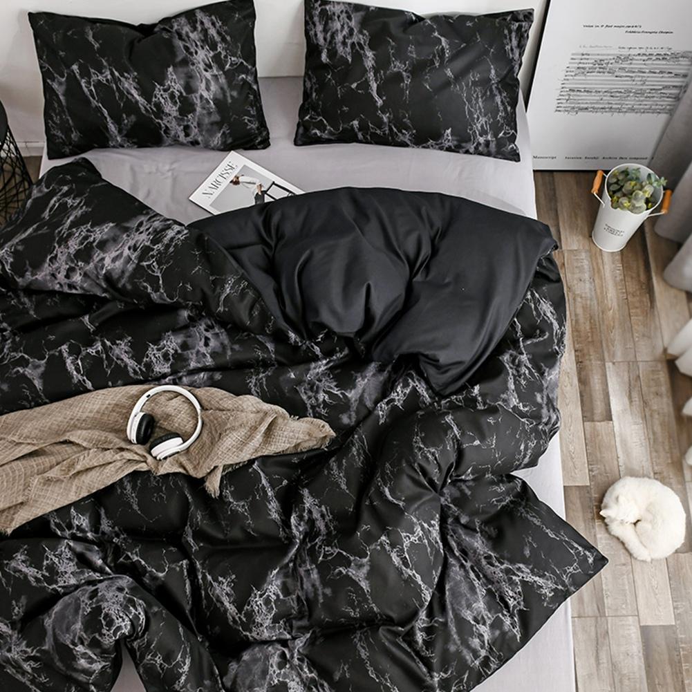 3Pcs Set Polyester Marbled Quilt Cover Pillowcase Bedding Set EU Double Size (Black)