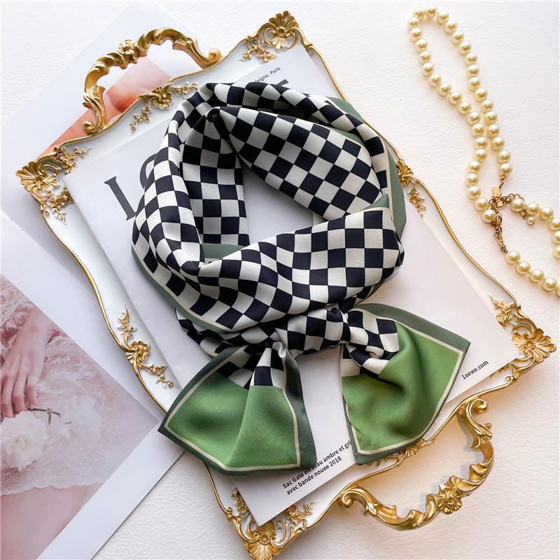 Chessboard silk scarf, foreign style scarf, imitation silk, double-sided scarf, thin and narrow strip, black and white simple and versatile silk scarf