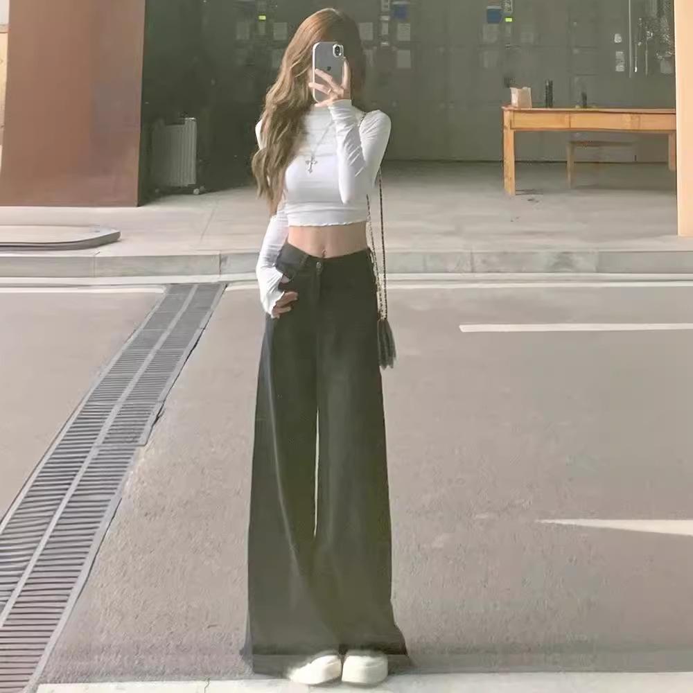 Women's Retro High Waist Wide Leg Black Jeans - Summer Loose, Slimming, Drapey, Frayed Hem, Floor Length.