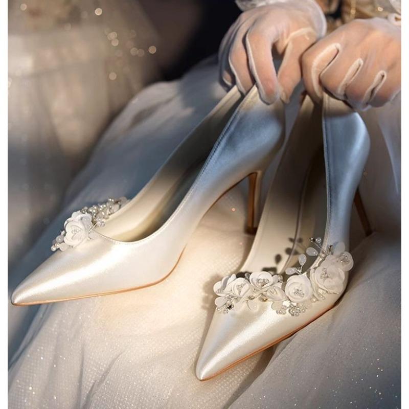 Pantofi de nuntă cu strasuri albe pentru femei, pantofi cu toc subțire cu vârf ascuțit franțuzesc, pantofi cu toc înalt, pantofi de mireasă romantici