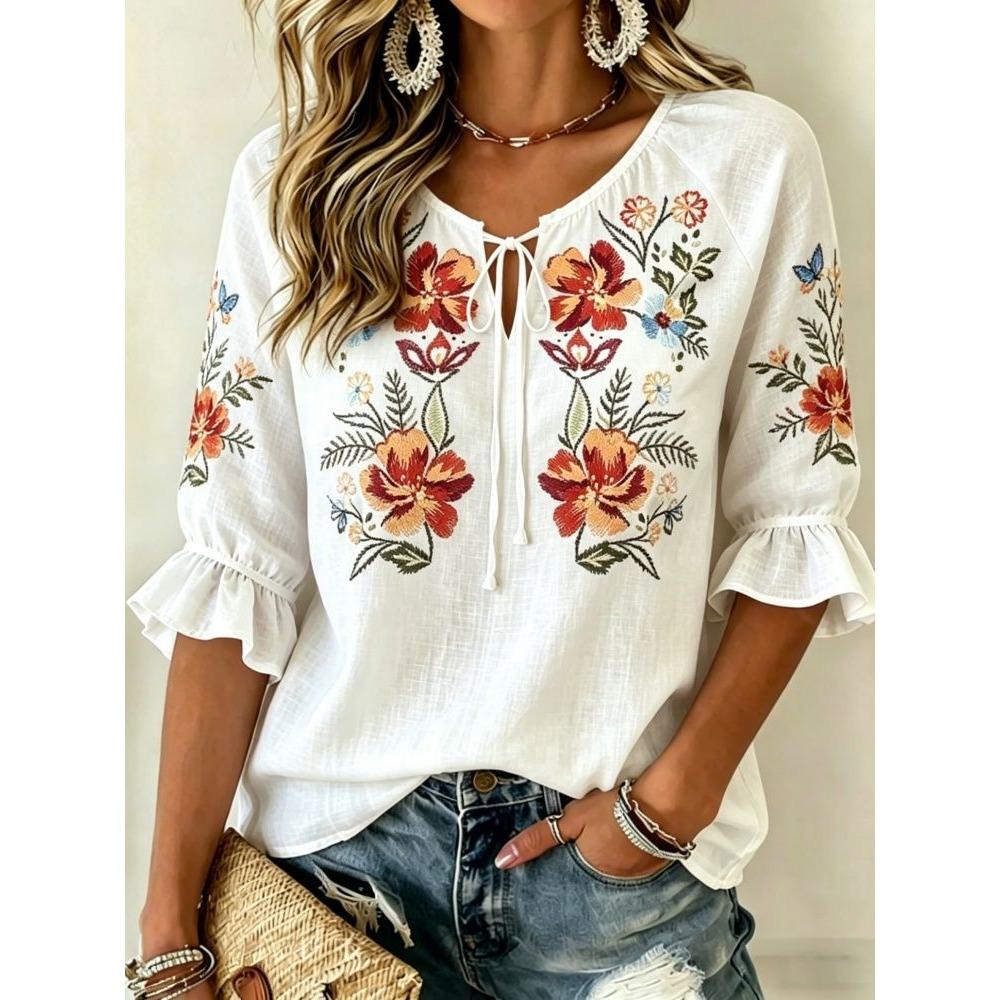 Women's White Floral Embroidery Tie Neck Blouse, Casual Loose Tops for Spring Summer Daily Wear & Vacation Occasions