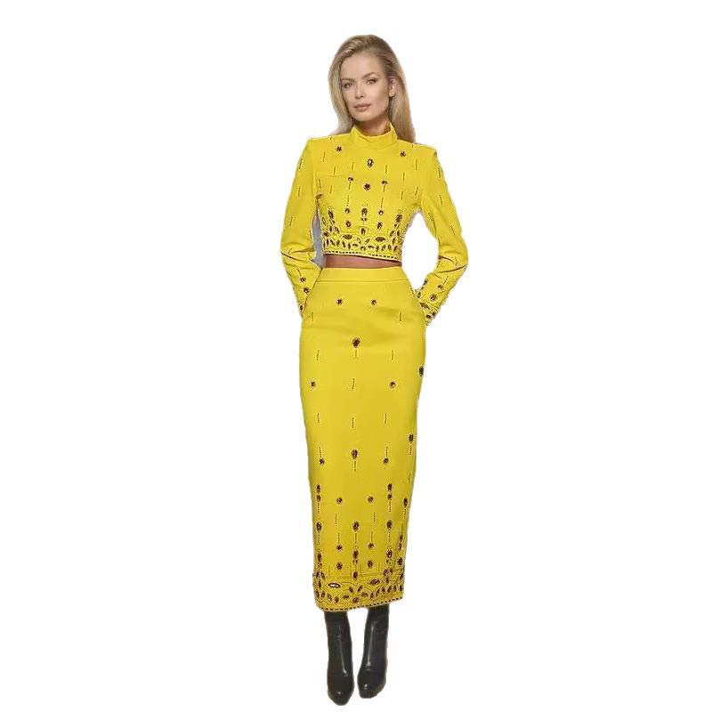 Elegant Rhinestone-Encrusted Bandage Top & Skirt Set