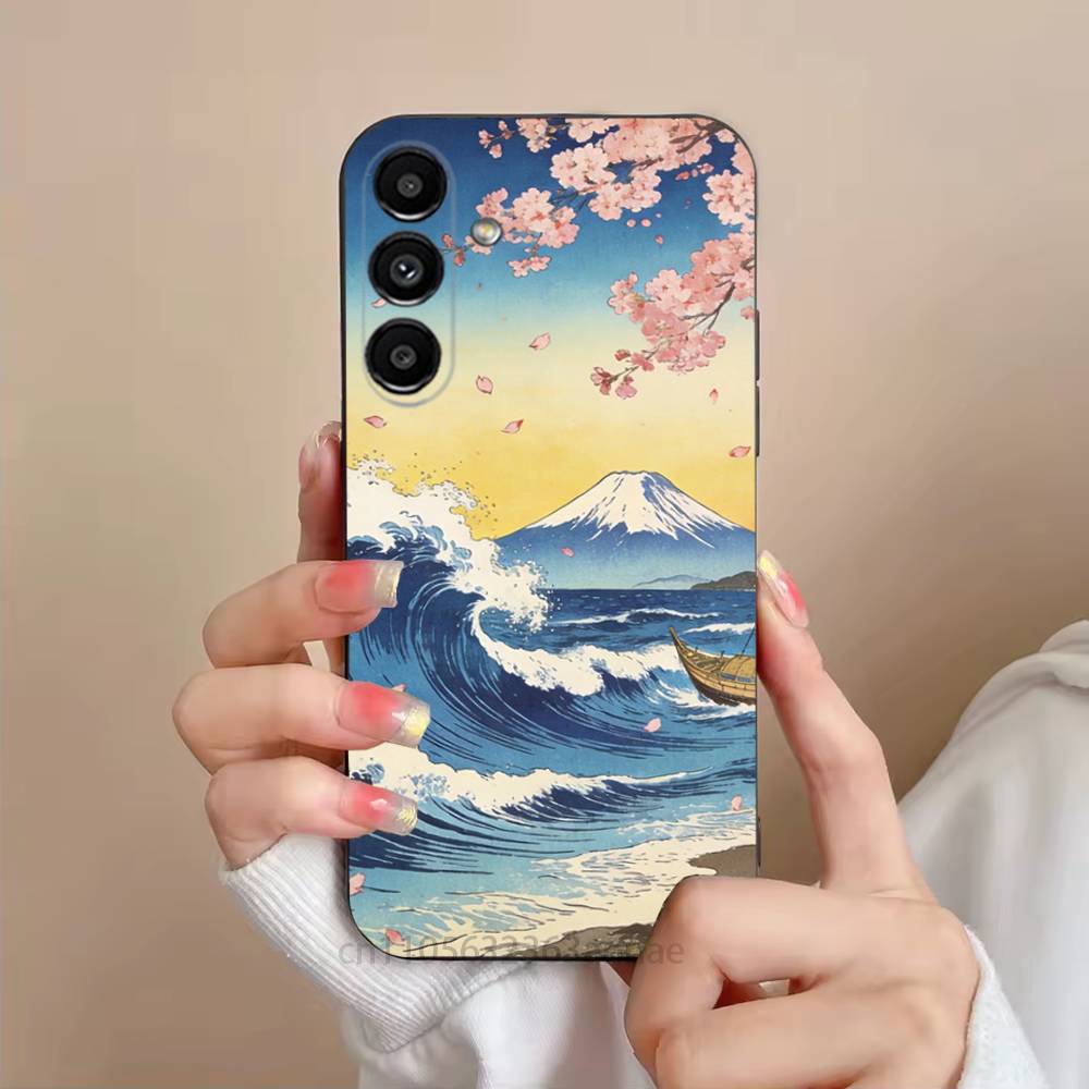 Japan Style Ukiyo-e New Phone Case For Samsung S25,24,21,22,23,S30,Ultra,S20,Plus,Fe,Lite,Note,S10,S9,Black Soft Shell