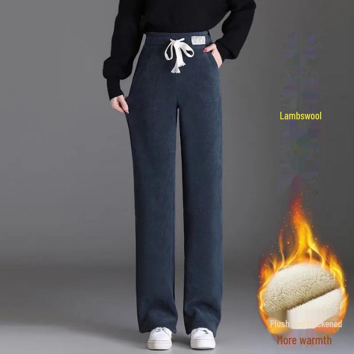 Women's Lambskin Wide-Leg Chenille Corduroy Pants with Velvet Lining - Warm, Thick, Plus Size for Autumn and Winter.
