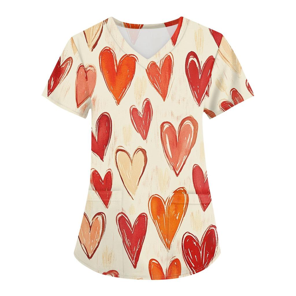 Women's Fashion V-neck Short-sleeved Work Clothes With Pockets Valentine's Day Print Top Care Wear