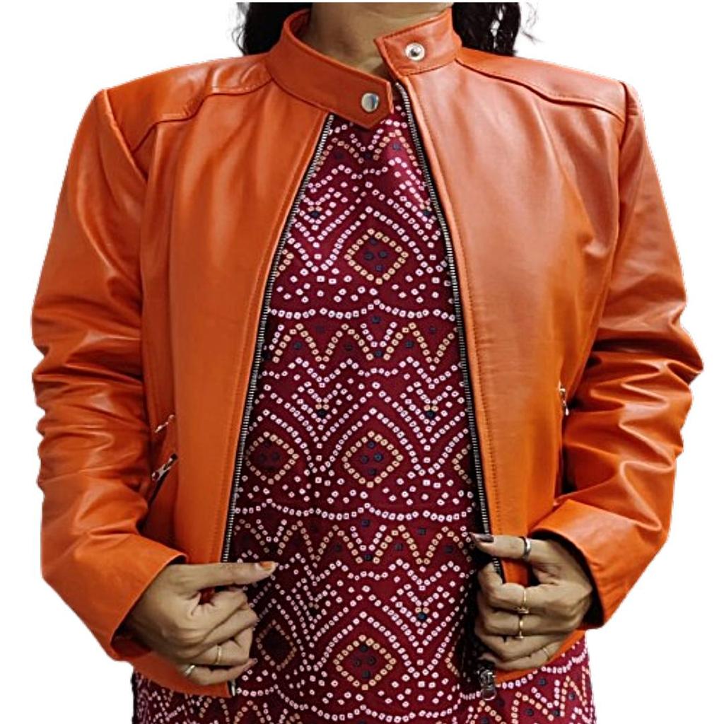 Womens Lambskin,Orange LEATHER JACKET,Slim Fit ,Biker Leather Jacket,Handmade,Celebrity Sheep Leather,Jacket Gift For Her, Orange,Cafe Racer Jacket