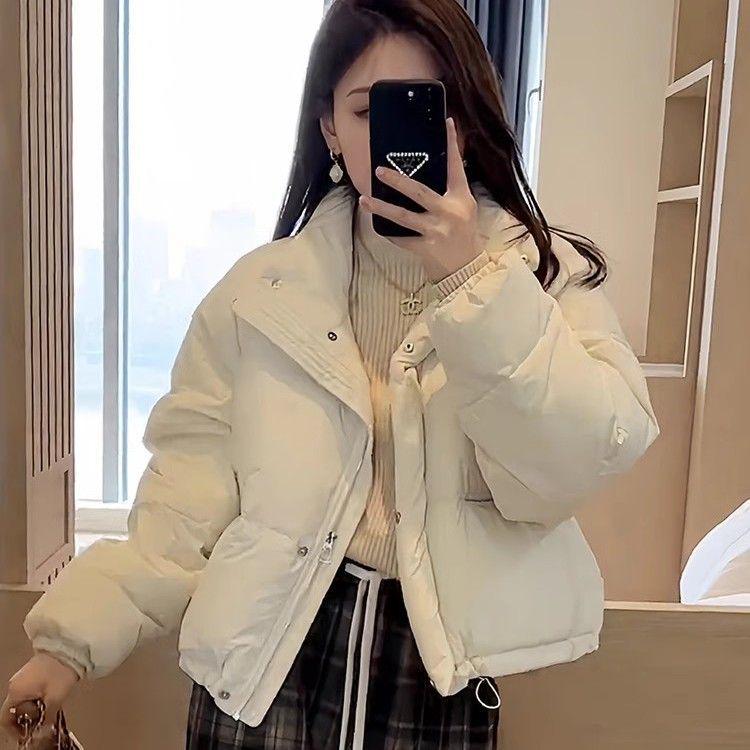 Women's Short White Duck Down Puffer Jacket, Autumn/Winter Korean Style, Loose Fit, Small Size Bread Coat Outerwear