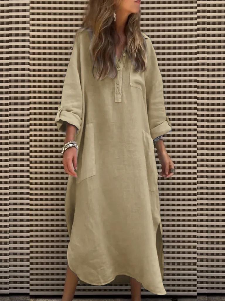 New Women's Spring Summer Elegant Solid Color Irregular Dress Simple Button Pocket Long Dress Women's Clothing