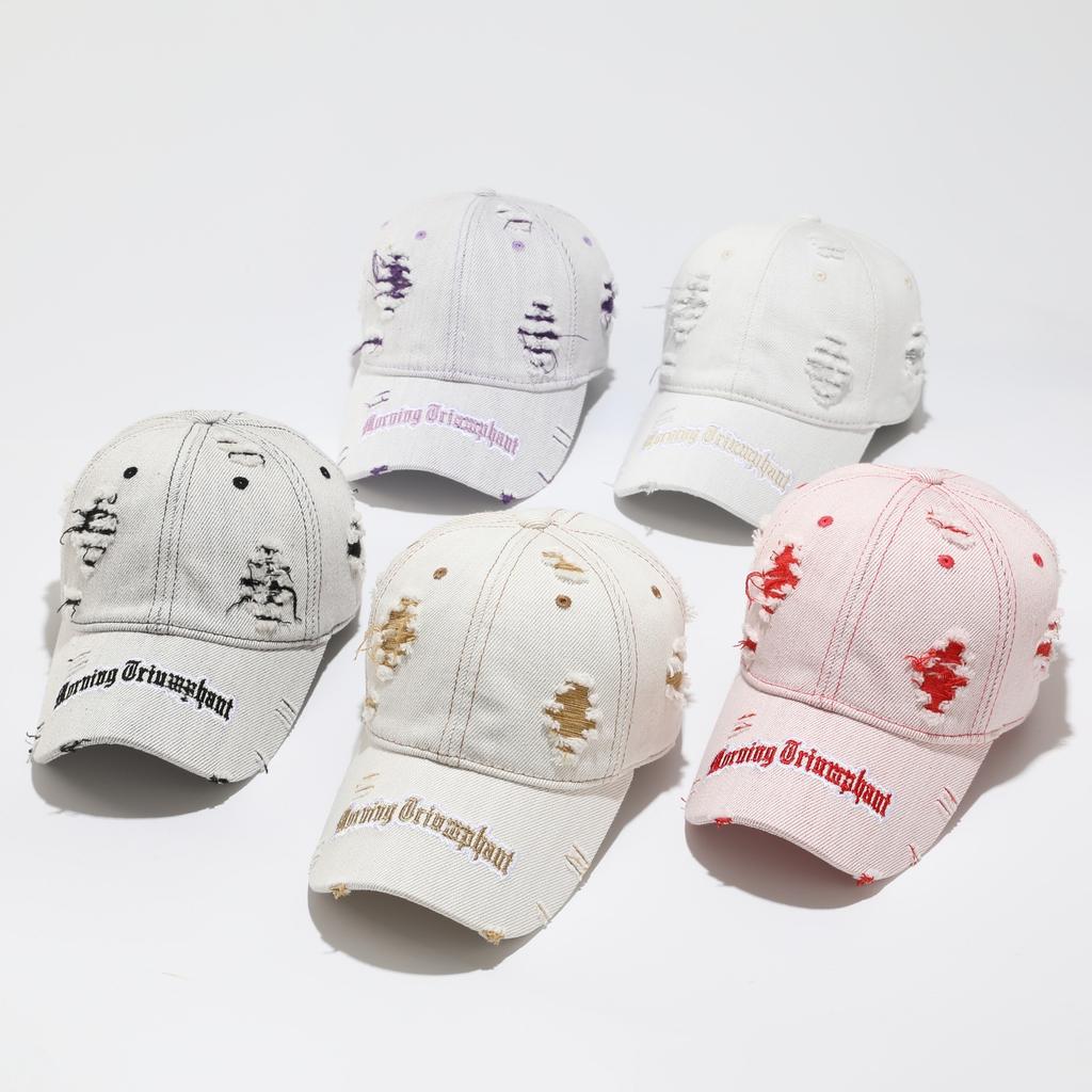 High quality letter ripped rough edge denim baseball cap men's summer wide brim hat women's American big head circumference cap