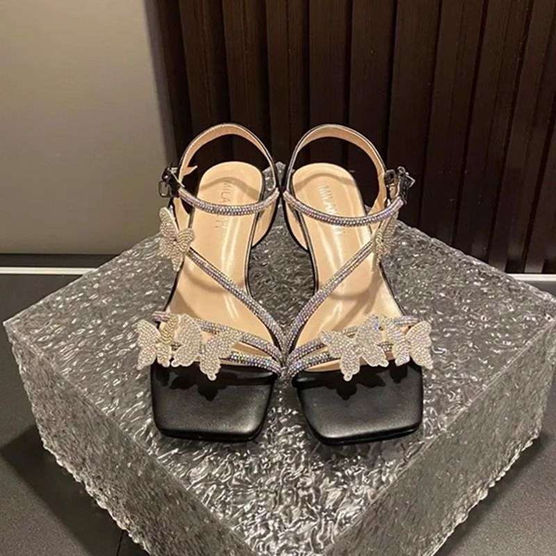Rhinestone French Summer Sandals Women's 2025 New Summer Wear Exquisite High-end Feeling Not Tired, Middle Heel High Heels