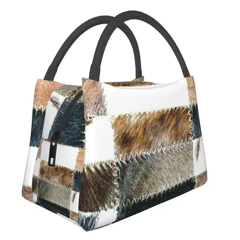 Cowhide Leather 3D Printing Resuable Lunch Box Women Waterproof Animal Fur Texture Thermal Cooler Food Insulated Lunch Bag