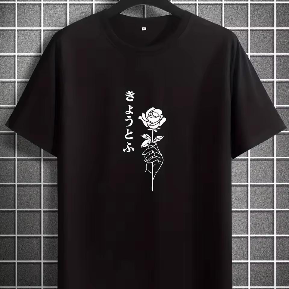 Y2K Harajuku Black Oversized Tee Vertical Japanese Text Rose Print Aesthetic Daily Tshirt