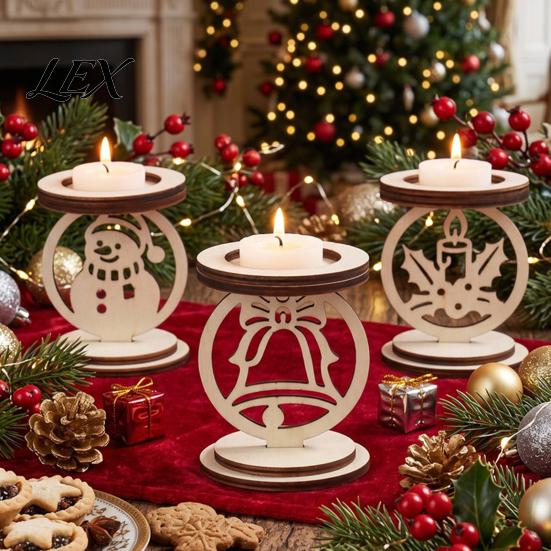 Small Candle Display Stand 3Pcs Christmas Wooden Holder, Detachable Tealight with Hollow Solid Wood Votive Carved Snowman/Bell/Candle Patterns, Rustic