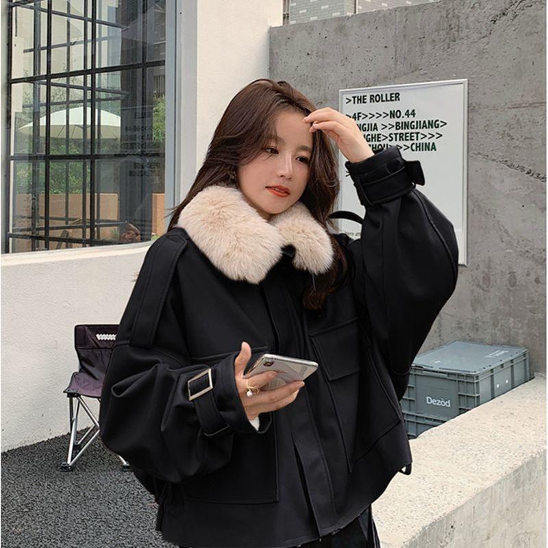 Pie overcome leather jacket women's clothing autumn and winter new fur integrated fleece thickened small short