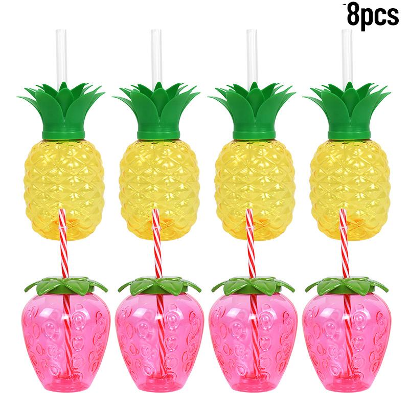 8Pcs Plastic Pineapple Cups with Straw Strawberry Drinking Cup Hawaiian Luau Party Decor Tropical Summer Beach Birthday Supplies