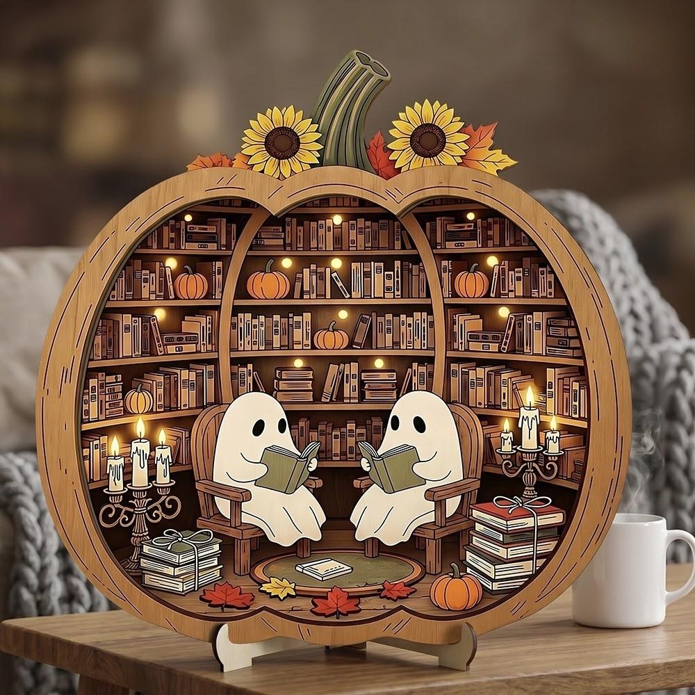 2D Flat Desktop Decoration Wooden Halloween Decorative Plate Funny Pumpkin Ornament Home