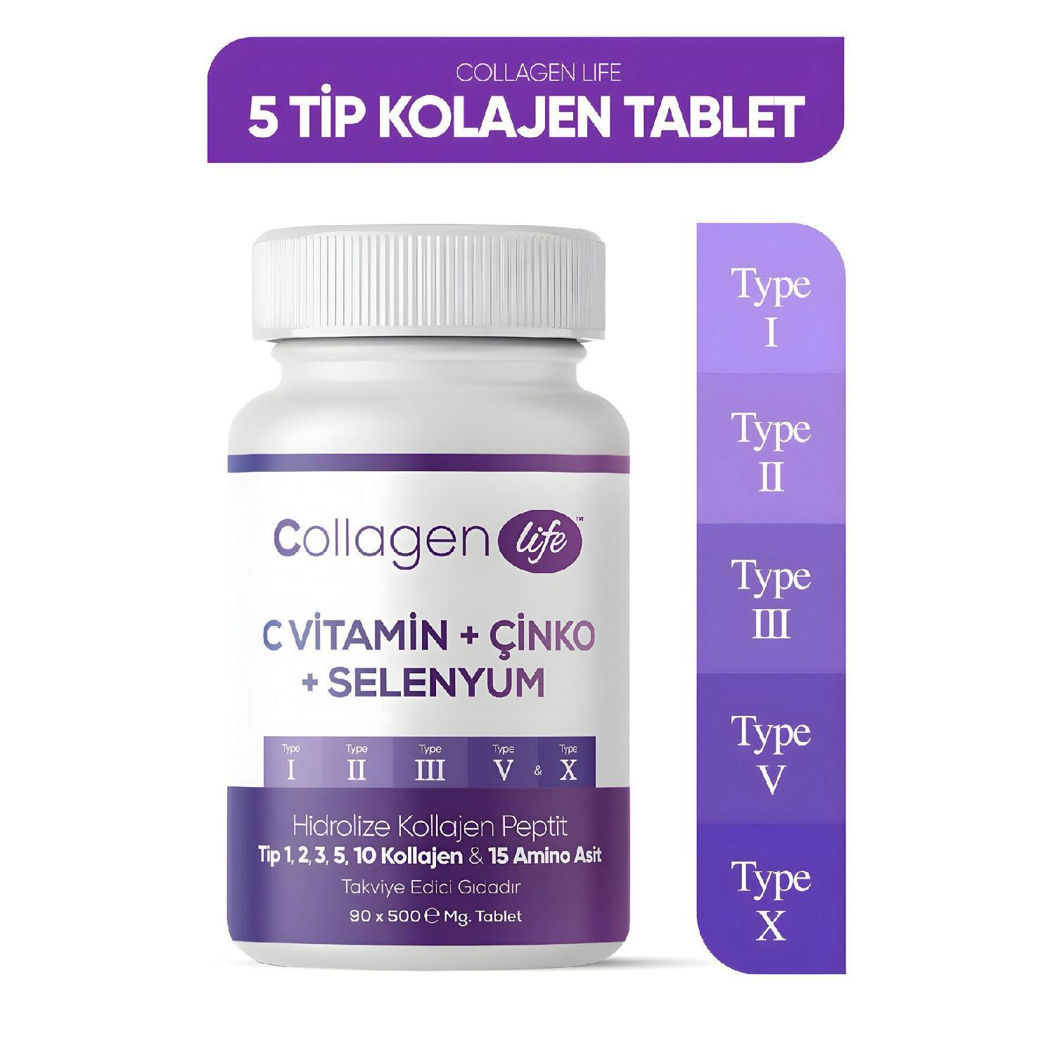 

5 Types Of Collagen Type 1, Type 2, Type 3, Type 5, Type 10, Selenium, Vitamin C And Zinc 90 Tablet