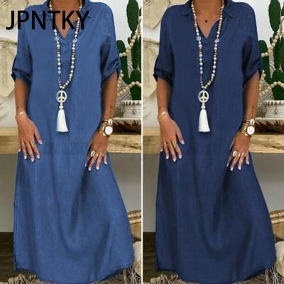 JPNTKY Summer Denim Dress for Women Casual Spring Blue Maxi Dresses V Neck Half Sleeve Plus Size Long Dresses with Slit