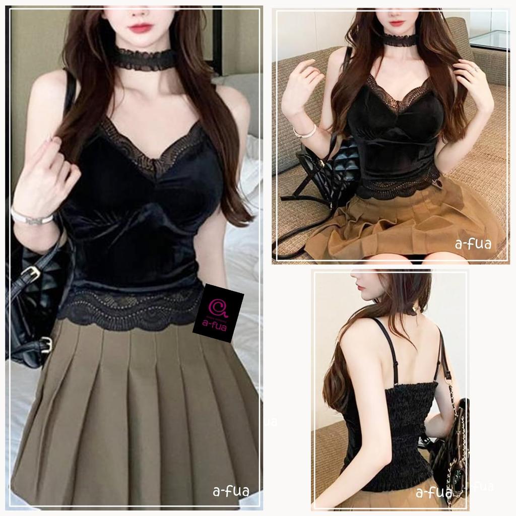 Bra Velvet Camisole with Sexy Lace Underwear for Beautiful a-fua Cami, Cups, Trim, Show-Off Cami, Breasts, Fall/Winter (Black)