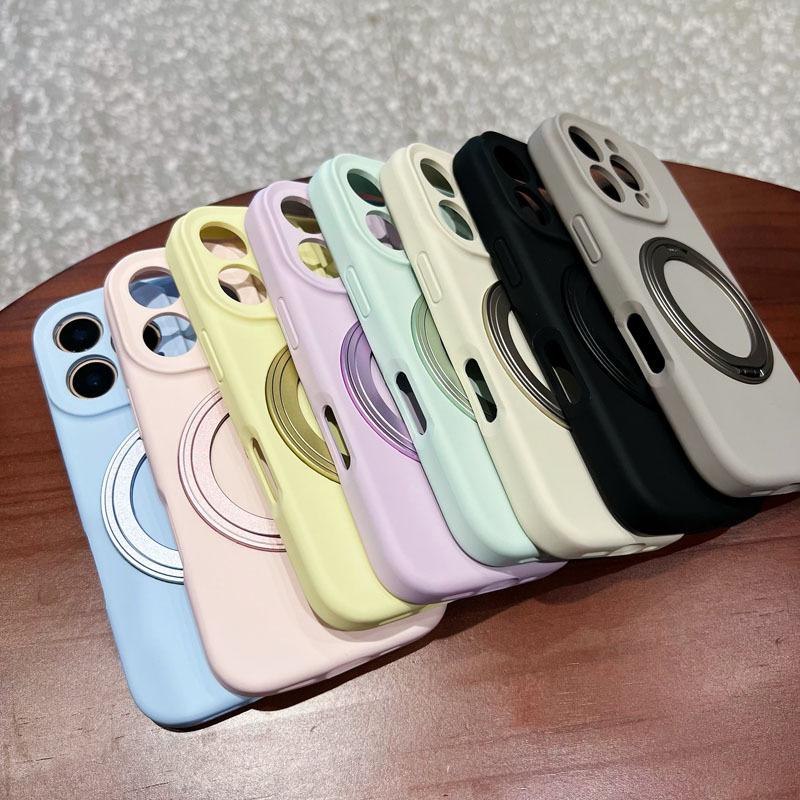 Apple 16pro Liquid Silicone Magnetic Suction Mobile Phone Case Rotating Bracket Suitable for IPhone15PRO Solid Color Protection Case