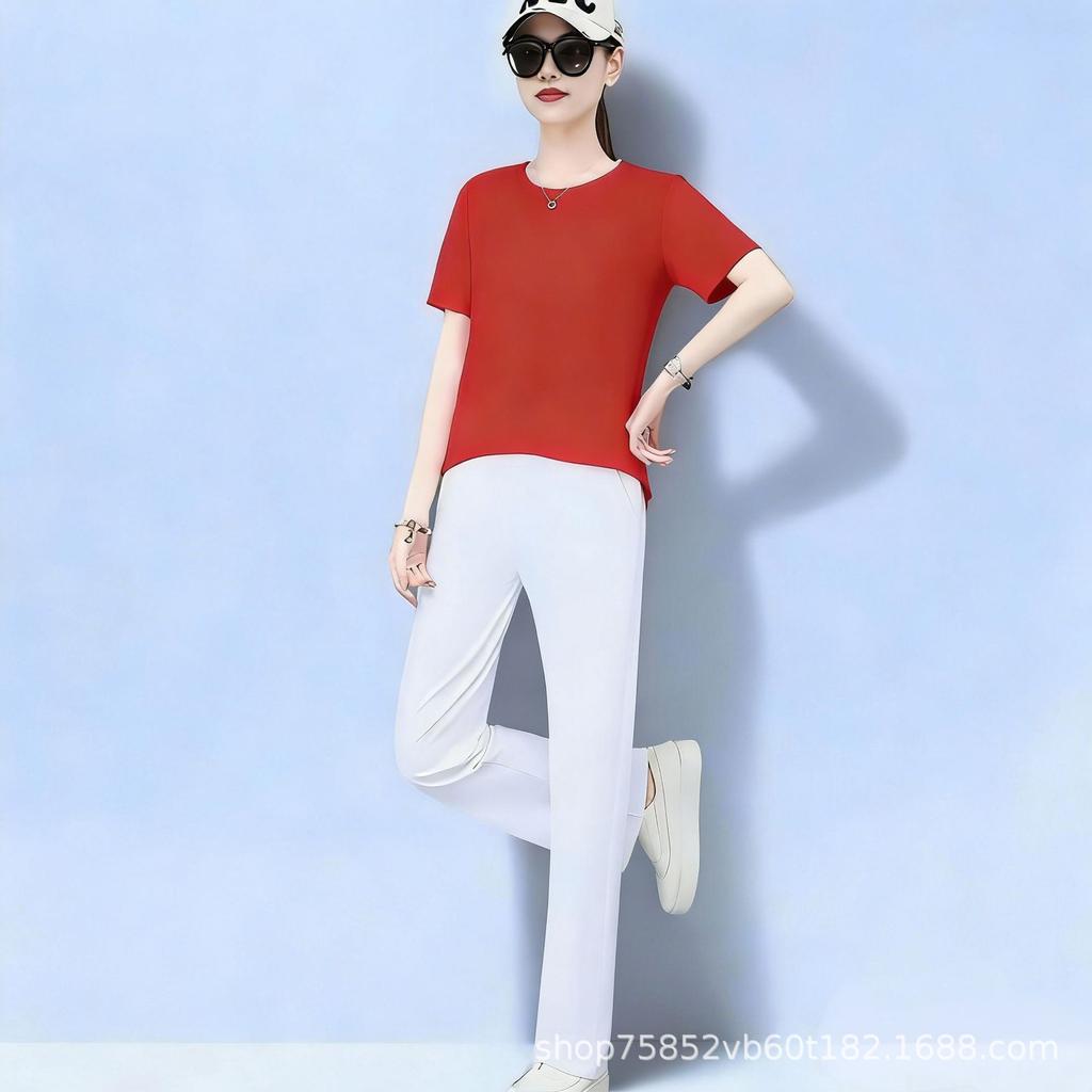 Summer sports and leisure suit Thin simple fashion loose large size square dance clothing women's short-sleeved straight pants