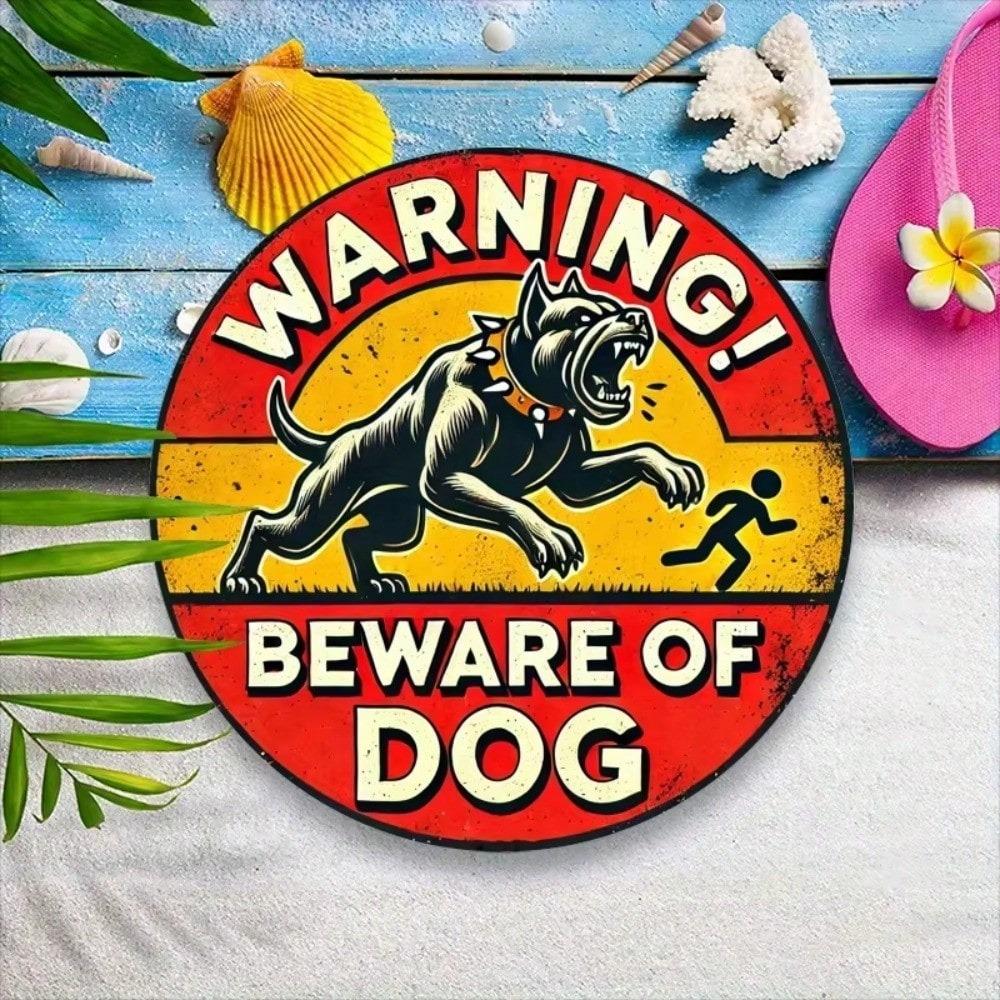 Vintage Beware of Dog Aluminum Sign Round Metal Wall Decor Home Art