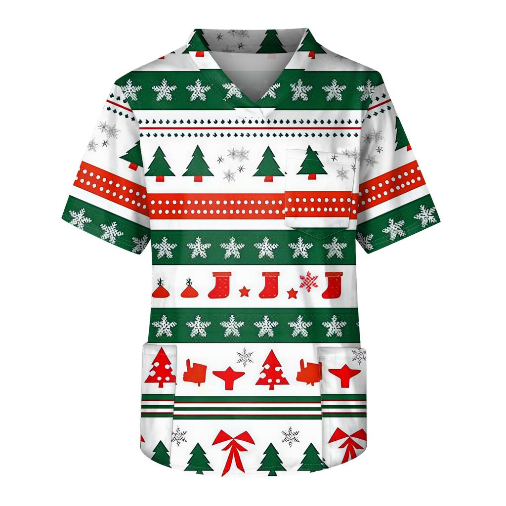 Men's Printing Short Sleeve V-neck Working Blouse Chest Pocket Carer Top