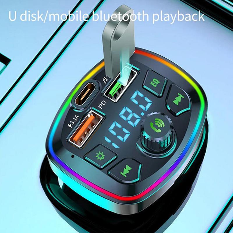 Car Bluetooth 5.0 Charger Fm Transmitter Pd 18W Type-C Dual Usb Colorful Ambient Light Cigarette Lighter Mp3 Music Player