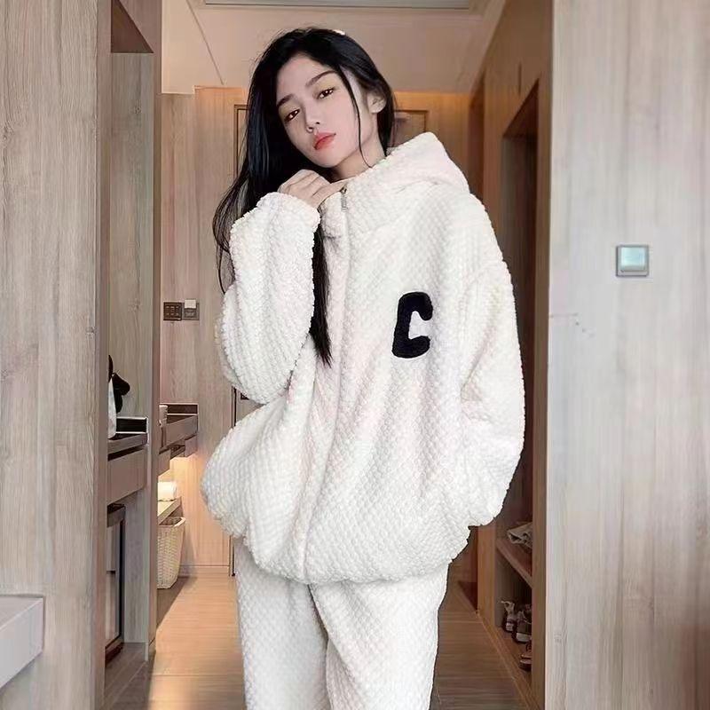 Autumn Winter Women Pyjamas Sets Hooded Thick Zipper Cardigan Warm Homewear Coral Flannel Printed Letters Soft Pijama Suit