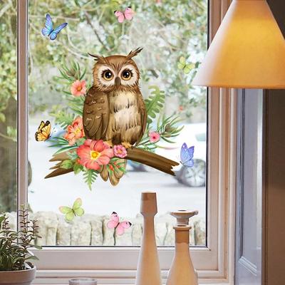 New Owl Flower Branch Wall Stickers Living Room Glass Window Home Decorration Mural Bedroom Decor Self Adhesive Animal Decals