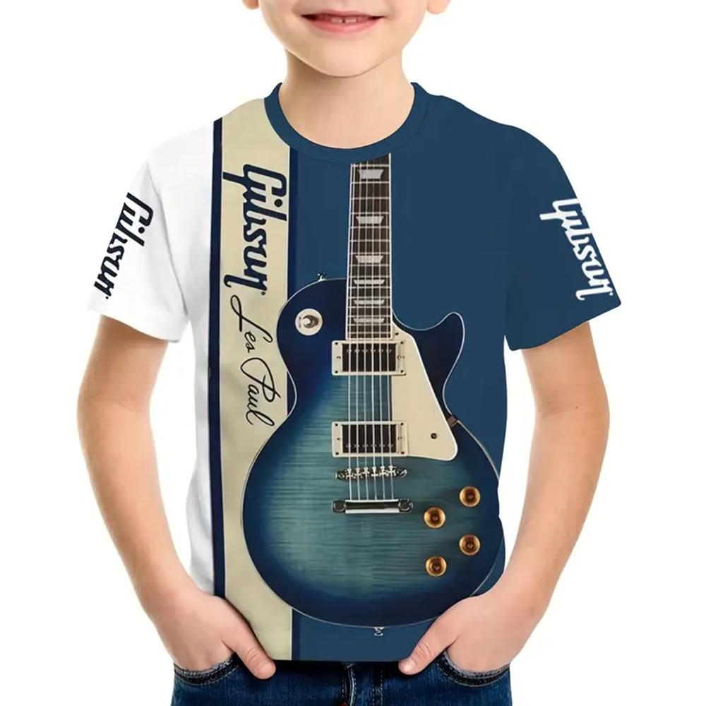 2025 Kids Clothes Cartoon Guitar Printed Short Sleeve T-Shirt Summer Outdoor Casual Crew Neck Tee Children's Clothing T-Shirts
