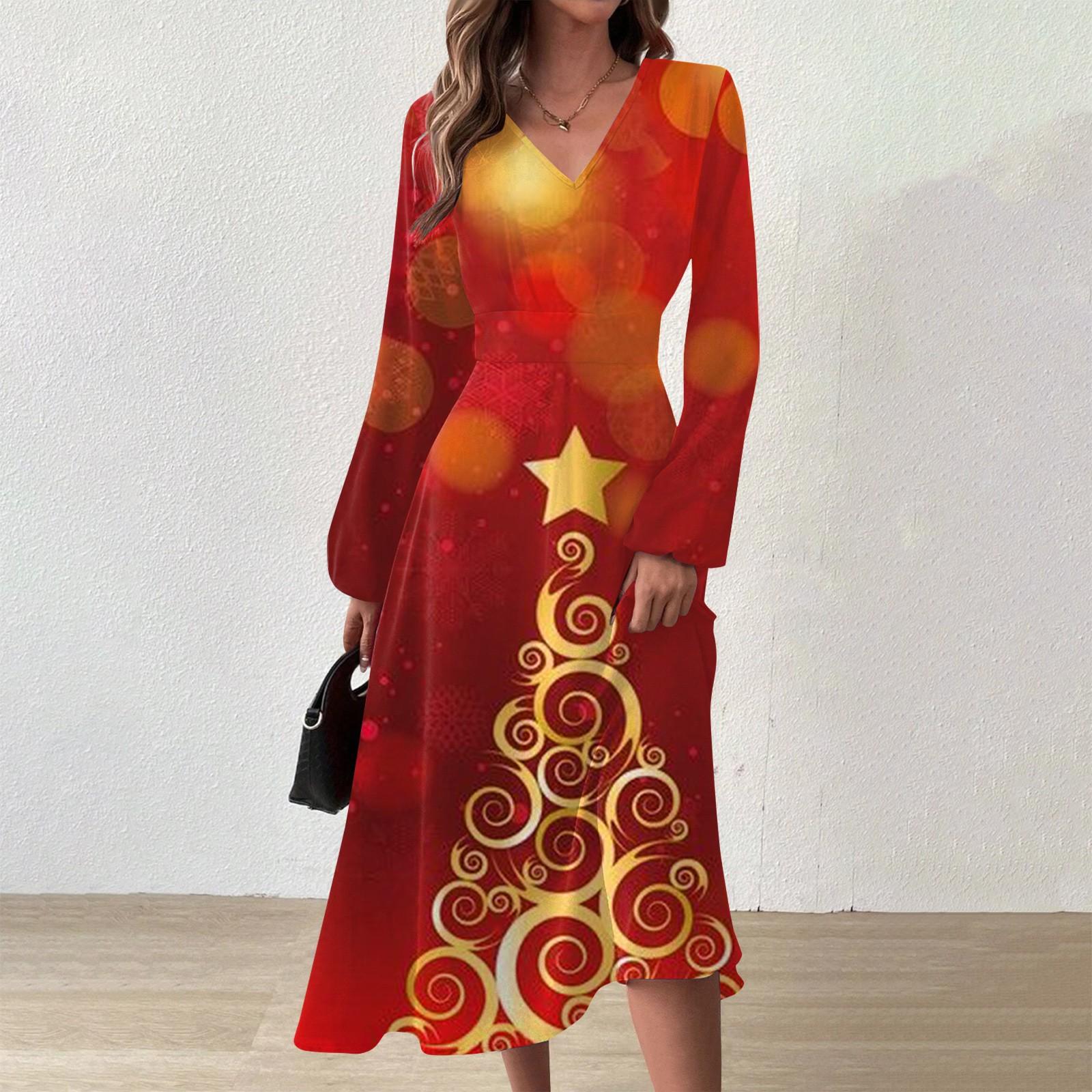 

Жіноча осінньо-зимова повсякденна модна довга сукня з V-подібним вирізом і довгими рукавами з принтом ялинки XL