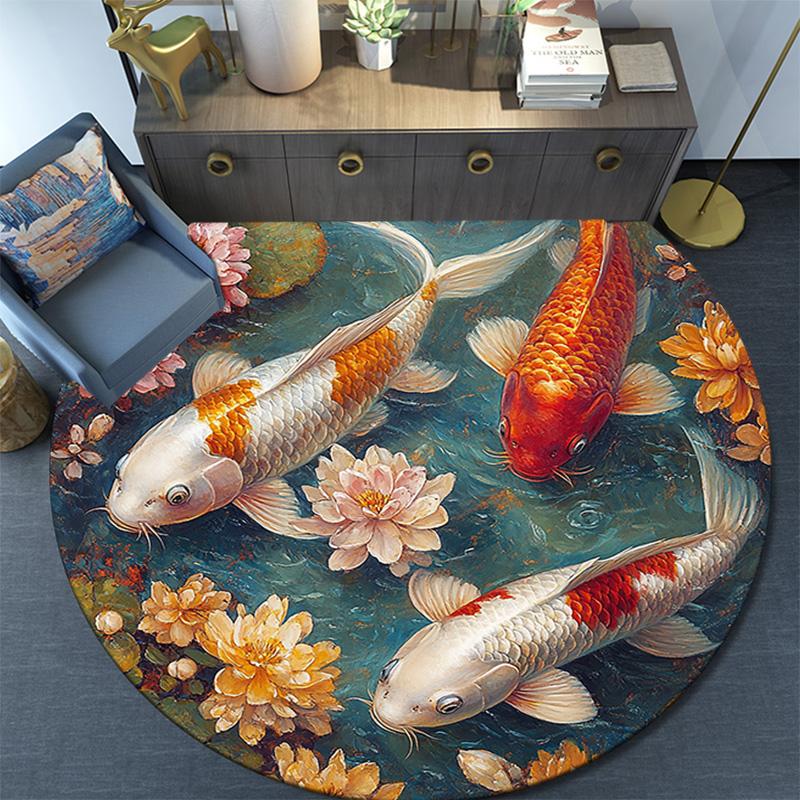 Koi Fish Round Area Rug,Carpet Rug for Living Room Bedroom Sofa Playroom Decor,Non-slip Floor Mat
