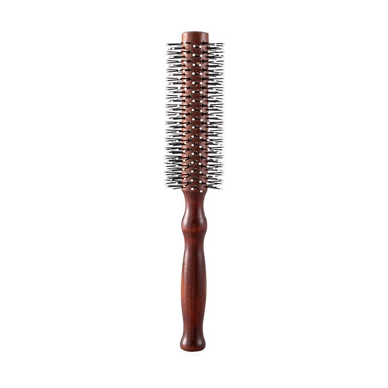 Professional Curly Hair Comb - Red-Brown Nylon Teeth, Original Wood Roller, Round Head for Inward Curls