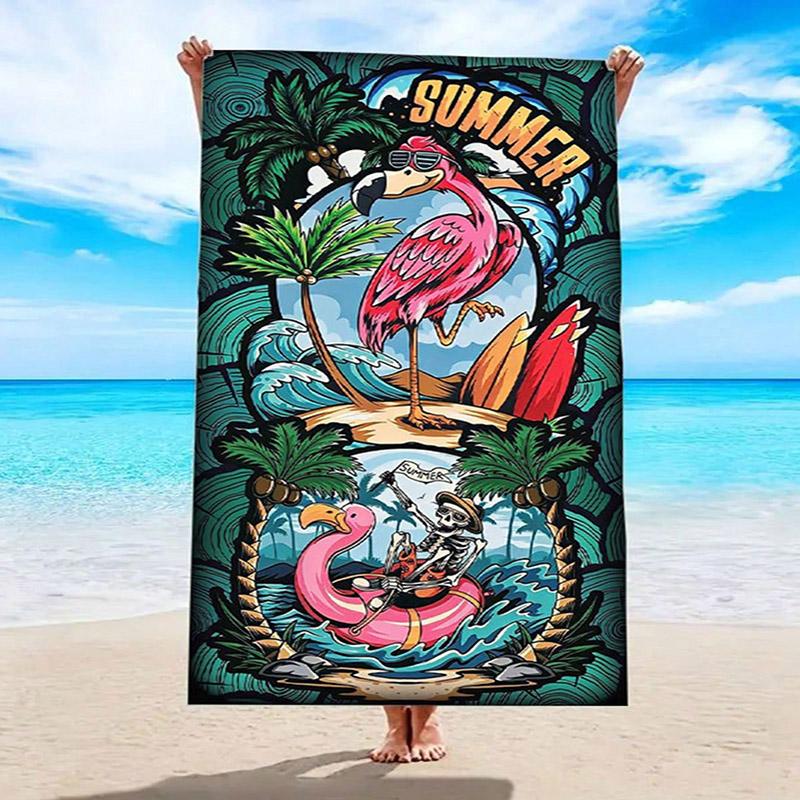 

Summer Flamingo & Skeleton Beach Towel Patterned Sunscreen And Windproof Suitable For Swimming Pool Camping Travel Blanket W30*H60(CM)