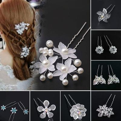 5Pcs Fashion Bridal U-shaped Rhinestone Pearl Flower Hairpin Metal Hair Barrette Rhinestone Hair Clip Crystal Flower Hair Fork