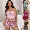 European and American Butterfly Print Milk Silk Camisole and Shorts Loungewear Set