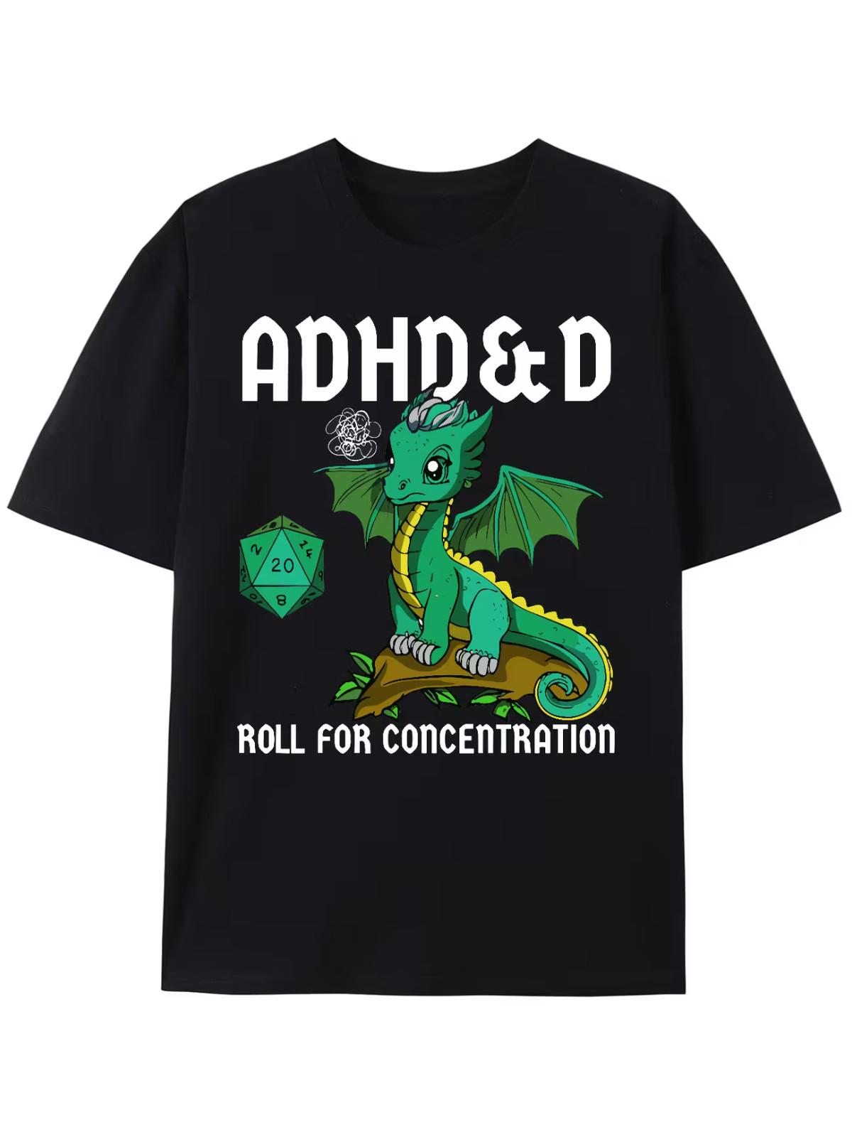ADHD&D Roll For Concentration Men s Cotton Printed T-Shirt Featuring Cute Dragon S разноцветный