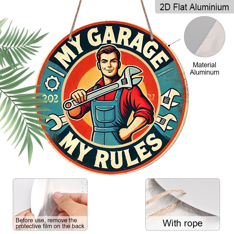 Retro My Garage My Rules Round Metal Signs 7.87x7.87Inch Aluminium Painting for Garage Wall Decor