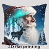 2D Flat - [2D Flat Printing] 1pc Santa Silhouette Reindeer Aurora Snowy Forest Illustration Double-Sided Printed Pillow Cover, Festive Christmas Home 