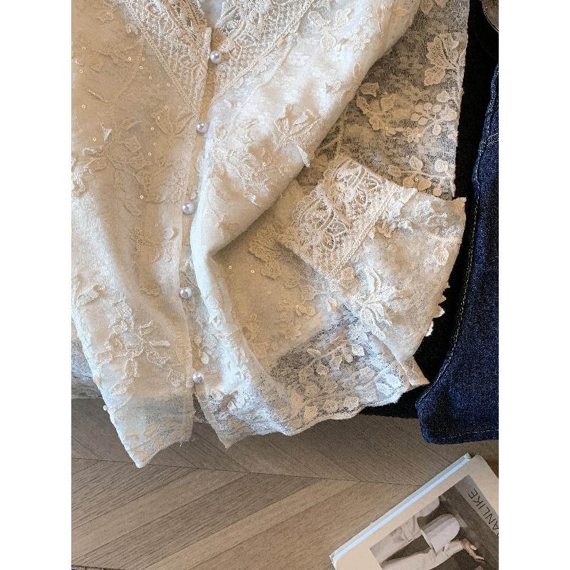 Lace V-Neck Pearl Breasted Shirt~ Spring Loose Temperament Top