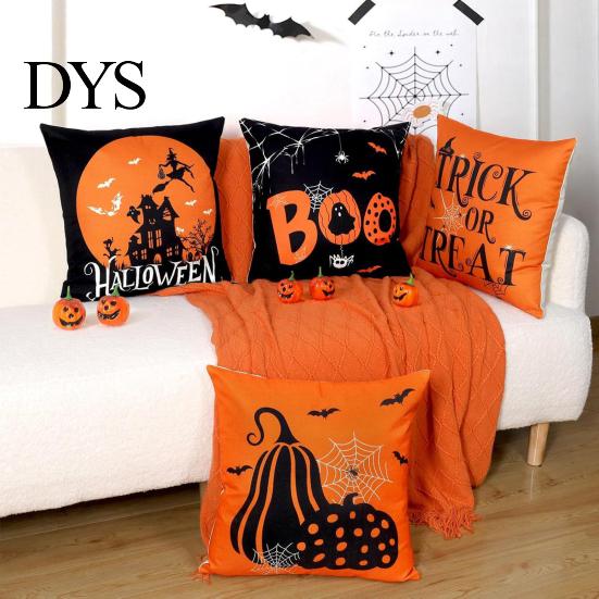 Ghost Print Throw Pillow Covers Halloween Cushion Cover, Retro Pumpkin Case, 18x18 Party Room Decor Inch Washable Cover for Sofa Couch Bed Breathable